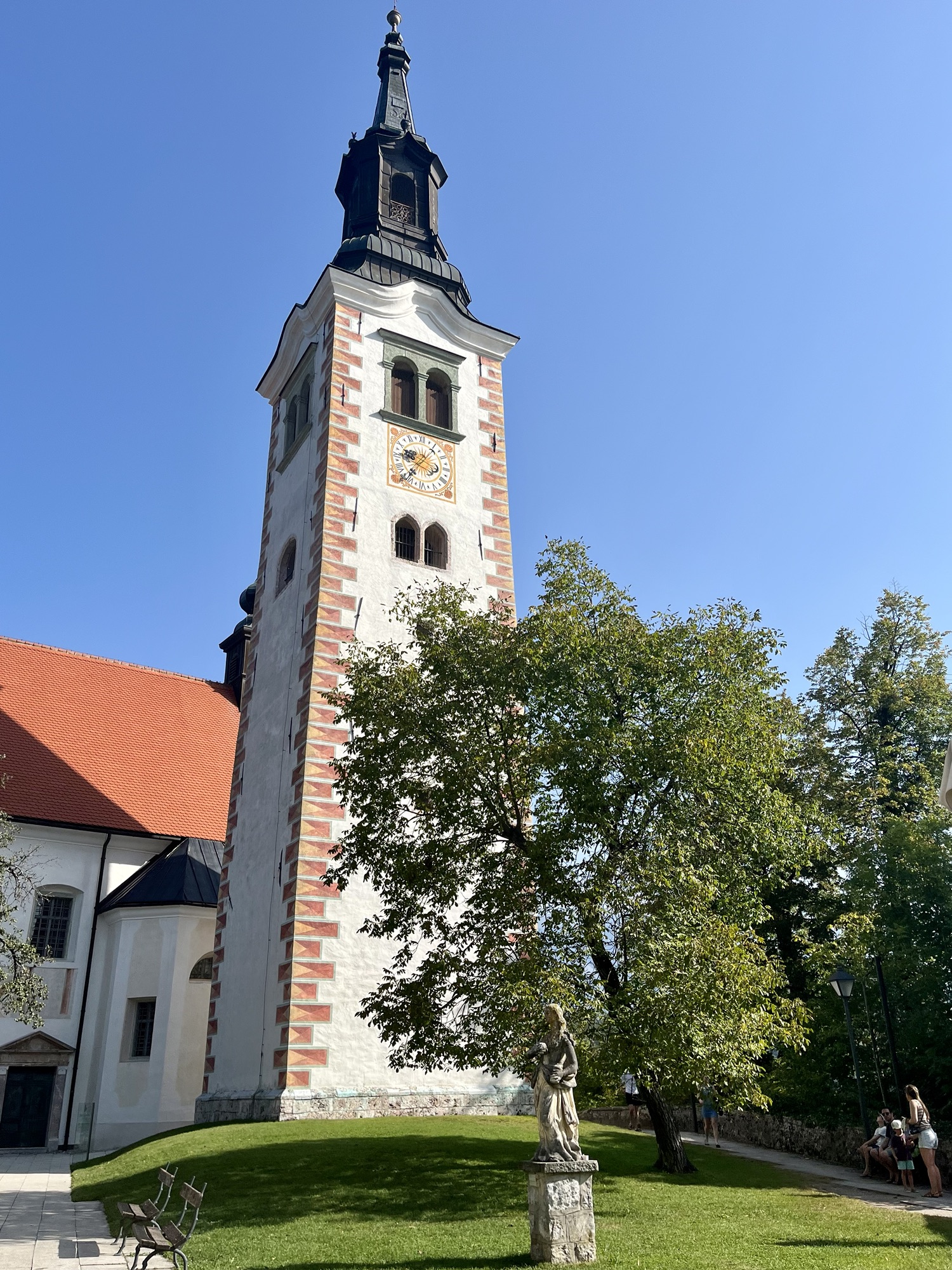 bell tower of church on island of Lake Bled