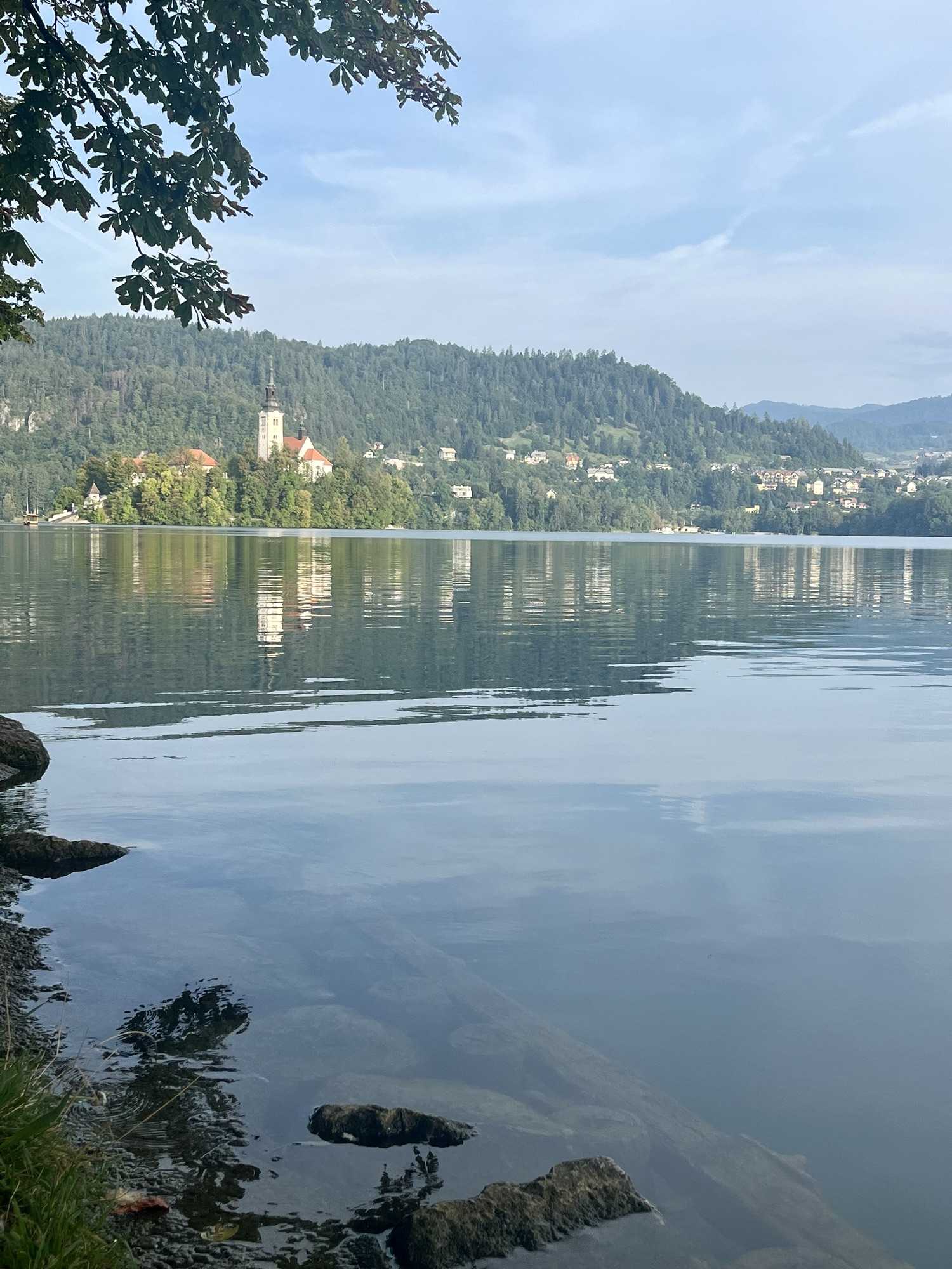 view of island of Lake Bled from shoreline